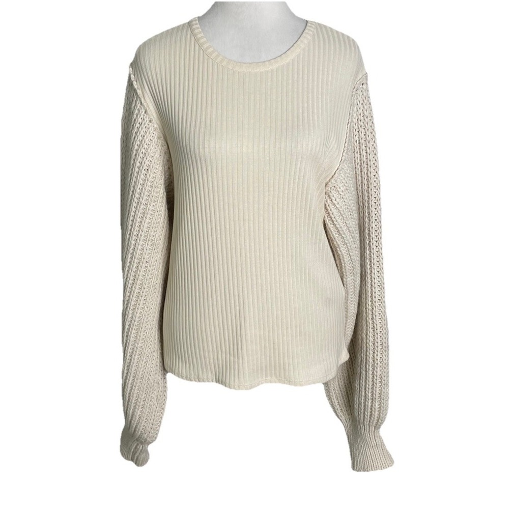NWT‎ Zara Cream Ribbed Contrast Chunky Balloon Sleeve Knit Sweater Large